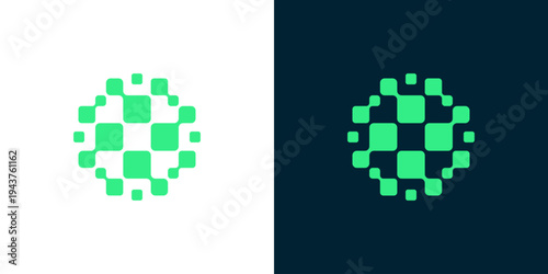 Dual meaning logo combining pixel and medical plus elements, symbolizing digital healthcare innovation, modern medical technology, data-driven care, and advanced connected health solutions.