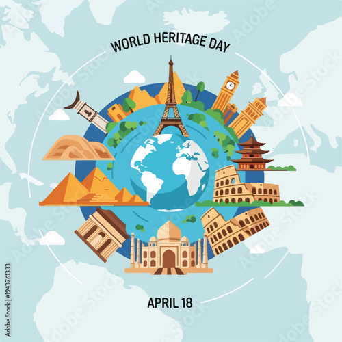 A globe with famous world landmarks and text for a heritage celebration