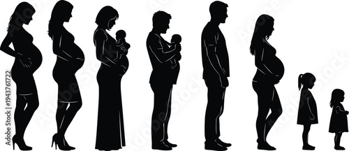 Pregnancy and parenthood life stages silhouettes from expecting mother to family with children isolated on white background, motherhood and human life cycle concept