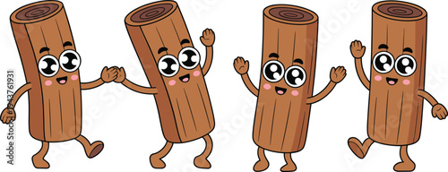 Cute cinnamon stick mascot cartoon characters vector illustration happy spice mascots isolated for food branding packaging sticker logo design