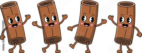 Cute cinnamon stick mascot cartoon characters vector illustration set funny smiling spice mascots isolated for food branding packaging sticker design