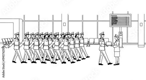 Military Parade Marching Soldiers in Uniform at Airport Terminal with Departure Board