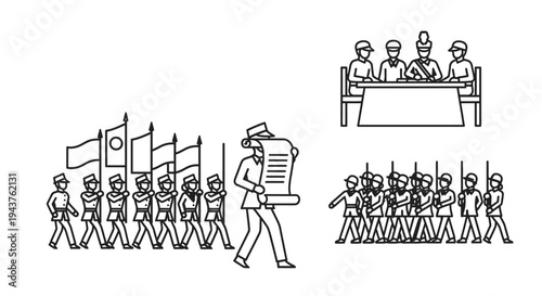 Military Parade and Dignitaries: Marching Soldiers, Flags, and Officials at a Table