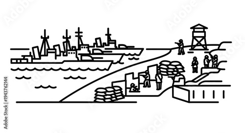 Military ships docked at port with soldiers and sandbags, defense concept