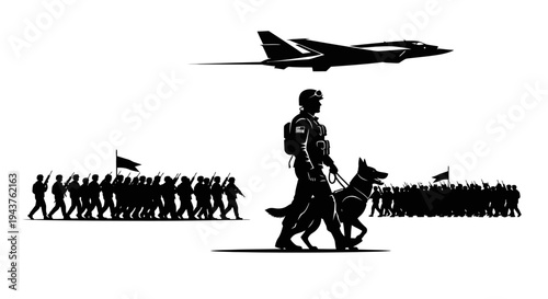 Military Soldier with Dog and Fighter Jet Silhouette, Parade of Soldiers