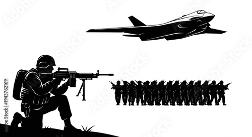 Military Soldier with Machine Gun and Fighter Jet Flying Over Troops