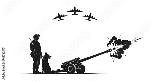Military soldier with dog, artillery firing, and fighter jets flying in formation.