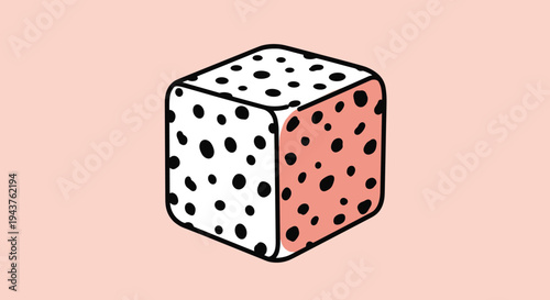 Simple hand-drawn illustration of a six-sided die with black polka dots and one pink side on a soft pink background.