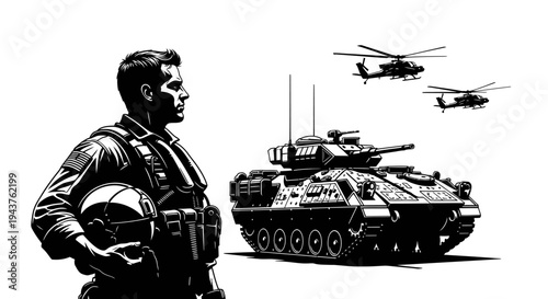 Military Soldier with Tank and Helicopters - Veteran, Army, Combat, Aviation, Warfare