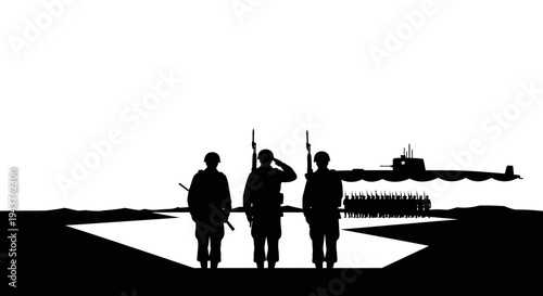 Military Soldiers Salute Submarine and Troops Silhouette