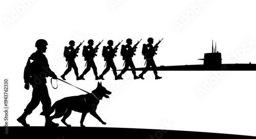 Military special forces team with dog and submarine, tactical operation, security patrol
