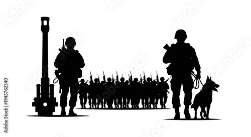 Military Soldiers, K9 Unit, and Artillery Silhouette on White Background
