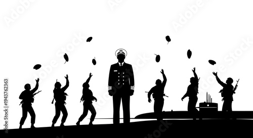Military Submarine Crew Celebrates Captain's Promotion with Hat Toss Silhouette