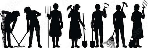 Women farm workers silhouettes holding agricultural tools isolated on white background, female labor, rural farming jobs, sustainability, and countryside work concept illustration
