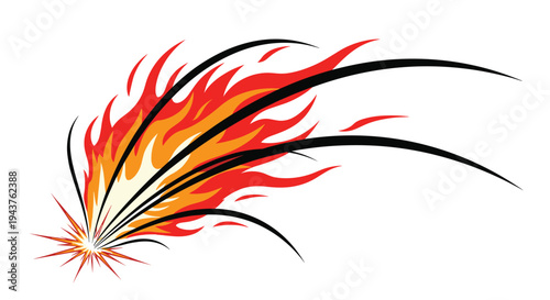 Dynamic illustration of a burst of fire and red-hot flames with black trail lines moving across white background.