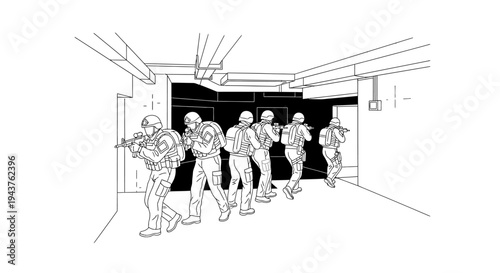 Military Team Advancing in Formation with Rifles, Tactical Operation