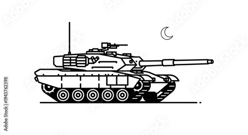 Military Tank Silhouette at Night with Crescent Moon