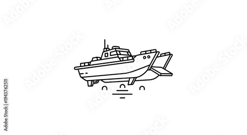 Minimalist Line Art Icon of a Hydrofoil Boat on White Background
