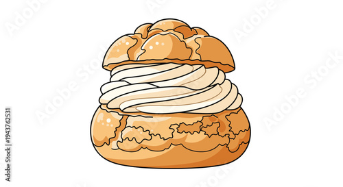 Delicious cream puff or profiterole filled with thick layers of whipped cream and light golden pastry on white background.