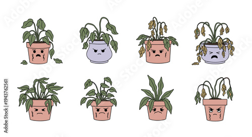 Set of eight cartoon potted plants with various wilted leaves and sad or angry facial expressions on their pots.