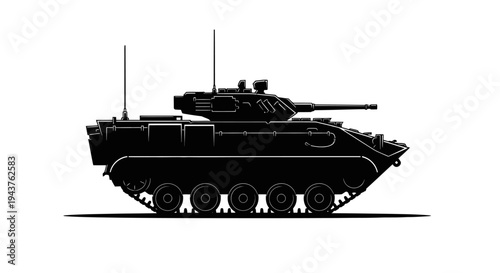 Modern Armored Fighting Vehicle Silhouette, Military Tank Side View, Black and White