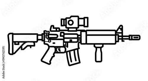 Modern Assault Rifle with Scope - Line Art Icon