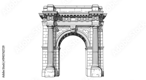 Detailed black and white architectural sketch of a classical Roman triumphal arch with stone columns and ornate carvings.