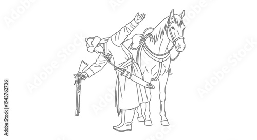 Mongol Warrior with Horse and Gun, Historical Illustration