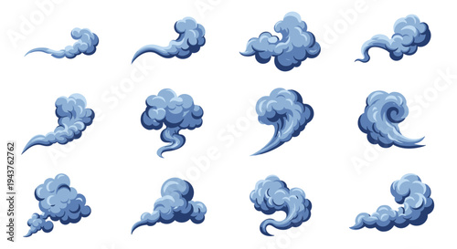 Set of twelve diverse blue smoke or cloud puffs in various dynamic shapes and swirls isolated on a white background.