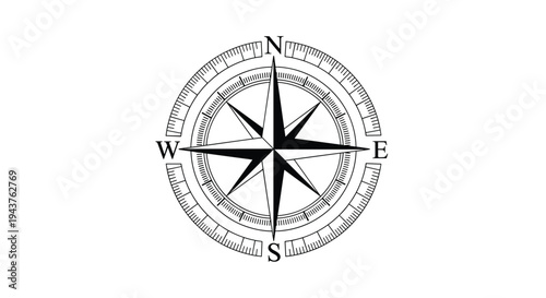 Vintage style nautical compass rose illustration isolated on white background depicting north south east and west cardinal directions.