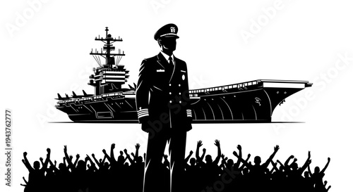 Naval Captain Stands Proudly Before Aircraft Carrier and Cheering Crowd