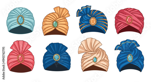 Collection of colorful traditional oriental turbans decorated with various sparkling gemstones and jewels for royal fashion accessories.