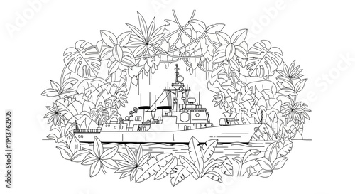 Naval Ship in Tropical Jungle Frame - Military Vessel Illustration