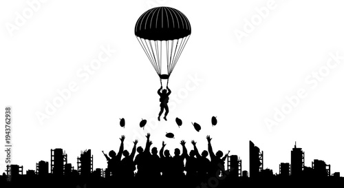 Parachutist Descends Over Cheering Crowd Silhouetted Against City Skyline