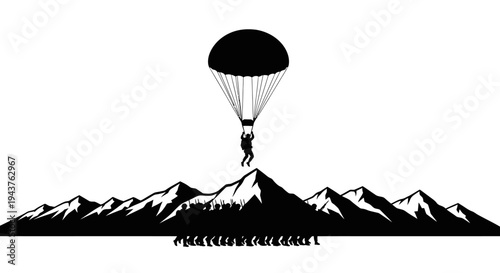 Parachutist Descends Over Mountain Range with Crowd Below