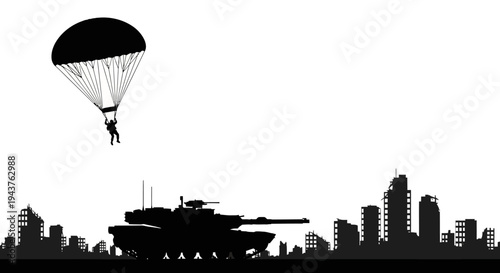 Paratrooper Descends Over Silhouette of Tank and Destroyed Cityscape