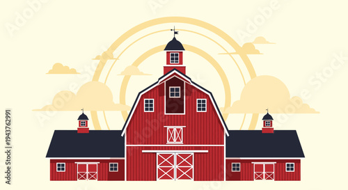 Large red wooden farm barn with multiple silos and white doors set against a soft sunset sky with circular glowing light patterns.