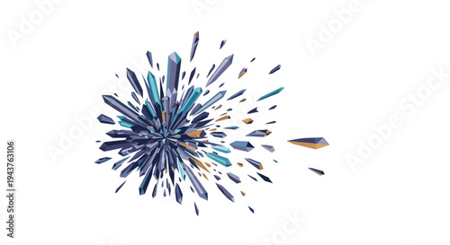 Geometric explosion of blue and purple sharp crystals or glass shards flying outwards from a central point for abstract background art.