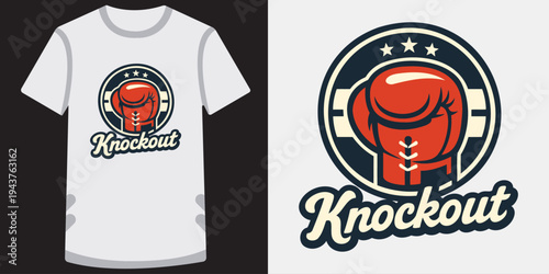 Creative tshirt design featuring a bold knockout boxing glove logo with stylish typography and vibrant colors perfect for sports fans and fitness enthusiasts