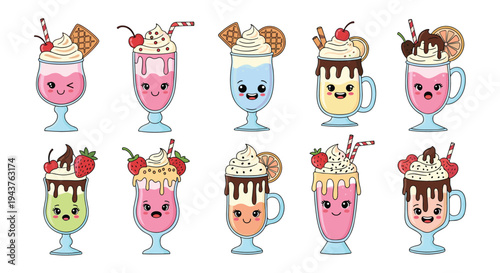 Set of cute kawaii style milkshakes and sundaes with smiling faces whipped cream and various toppings like cherries and wafers.