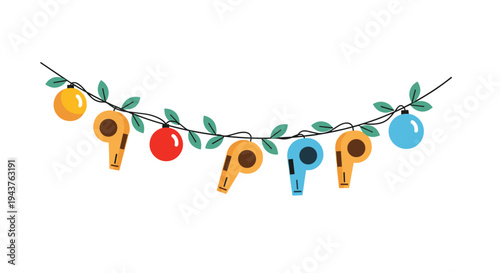 Festive string garland decorated with colorful plastic whistles and leaf shapes for celebration party or sports event decorations.