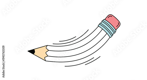 Flexible bent wooden pencil illustration showing motion and creativity with several curved speed lines on a plain white background.