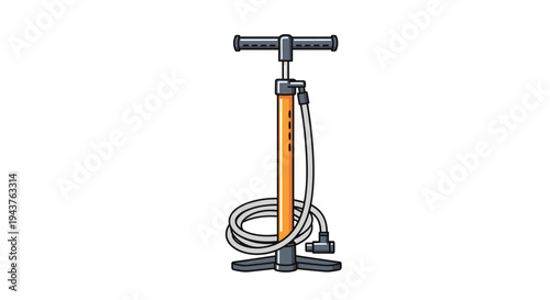 Manual orange and black floor air pump with long hose and pressure gauge isolated on white background for inflating bicycle tires.