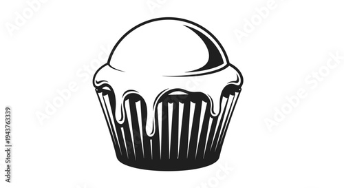 Black and white stylized illustration of a cupcake or muffin with thick melting frosting or glaze isolated on a plain white background.