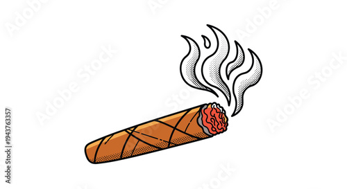 Hand drawn lit brown cigar with glowing red embers and wisps of white smoke rising isolated on a plain white background for retro art.