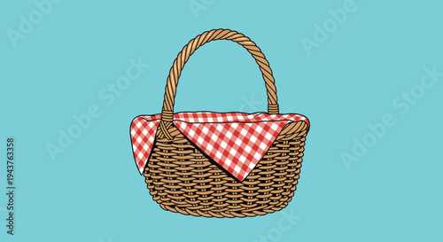 Woven wicker picnic basket with a curved handle and a red and white checkered cloth draped over the side for outdoor dining themes.