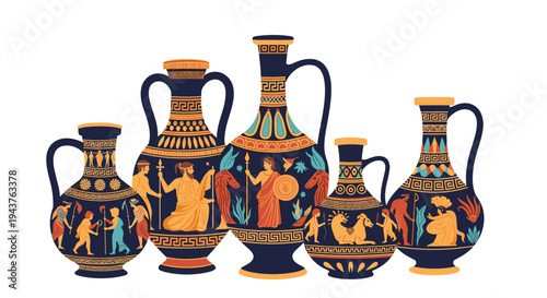 Collection of various ancient Greek pottery vases and amphorae decorated with classical mythological figures and traditional patterns.