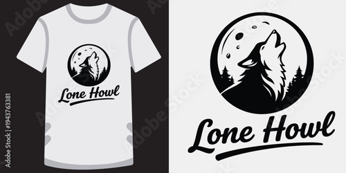 Creative tshirt design featuring a lone howling wolf inside a circular frame with a moonlit forest theme