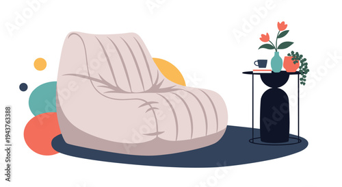 Comfortable modern living room scene with a large beige bean bag chair a dark side table with flowers and colorful abstract shapes.