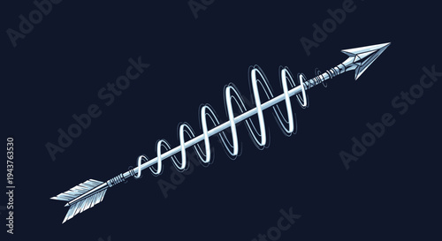 Magical fantasy arrow with a crystalline tip and glowing energy spirals flying through the air on a dark navy blue background for games.